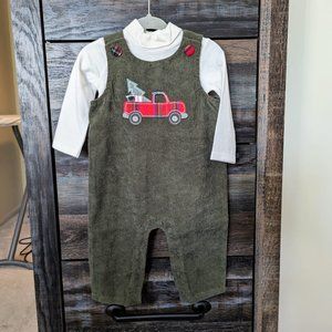 MUD PIE Christmas Tree Farm Corduroy Overalls Outfit 3-6 Months